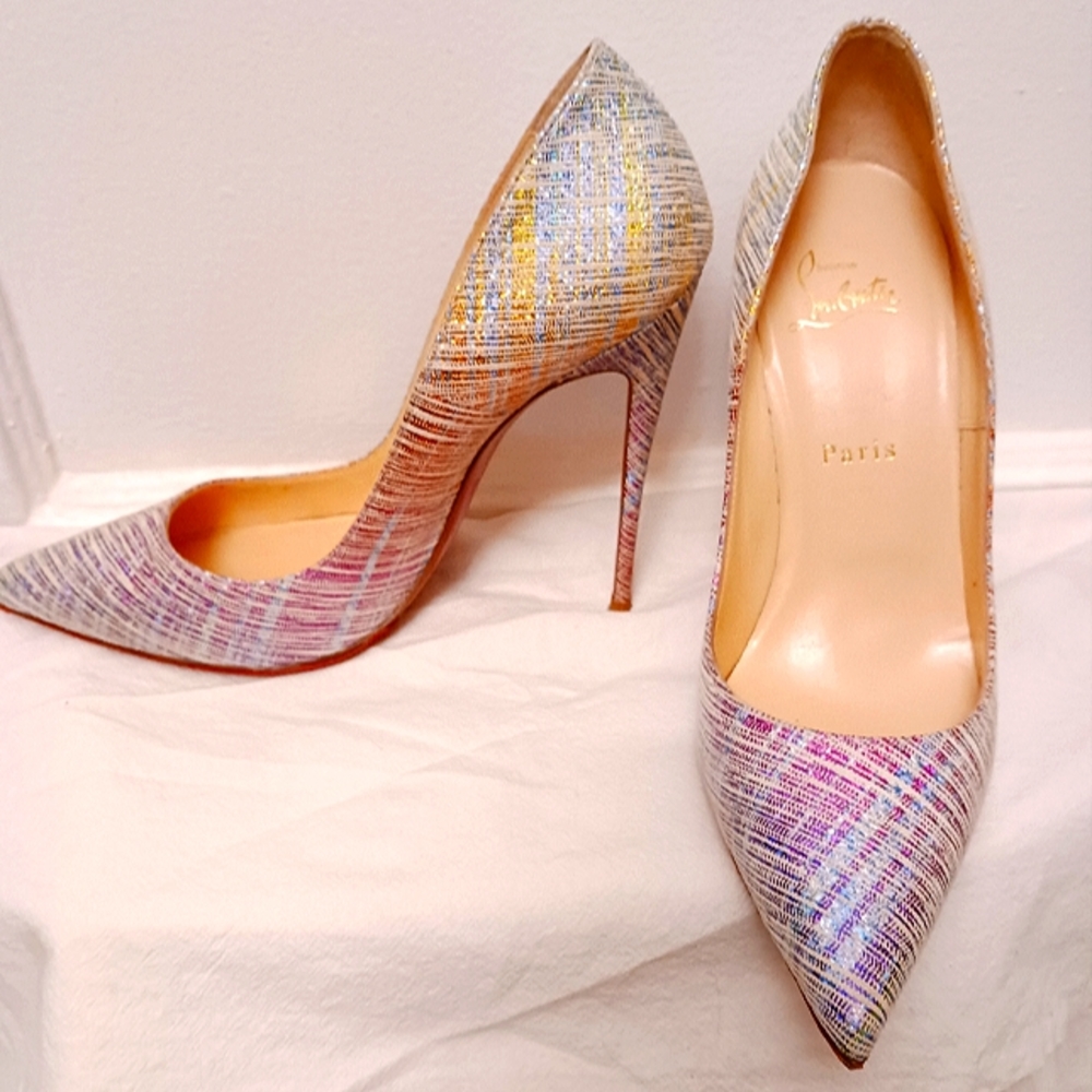 Christian Louboutin multicolor So Kate pointed toe suede stiletto unicorn pumps.